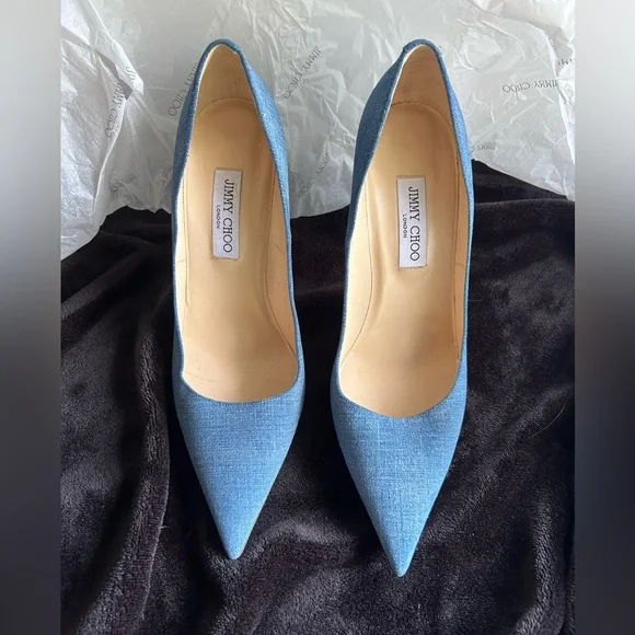 Jimmy Choo Abel Blue Denim Pointed Toe Pumps - Picture 2 of 8